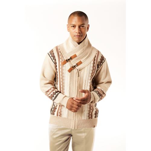 Silversilk Beige / White Faux Fur Shawl Collared Zip-Up Sweater 4204